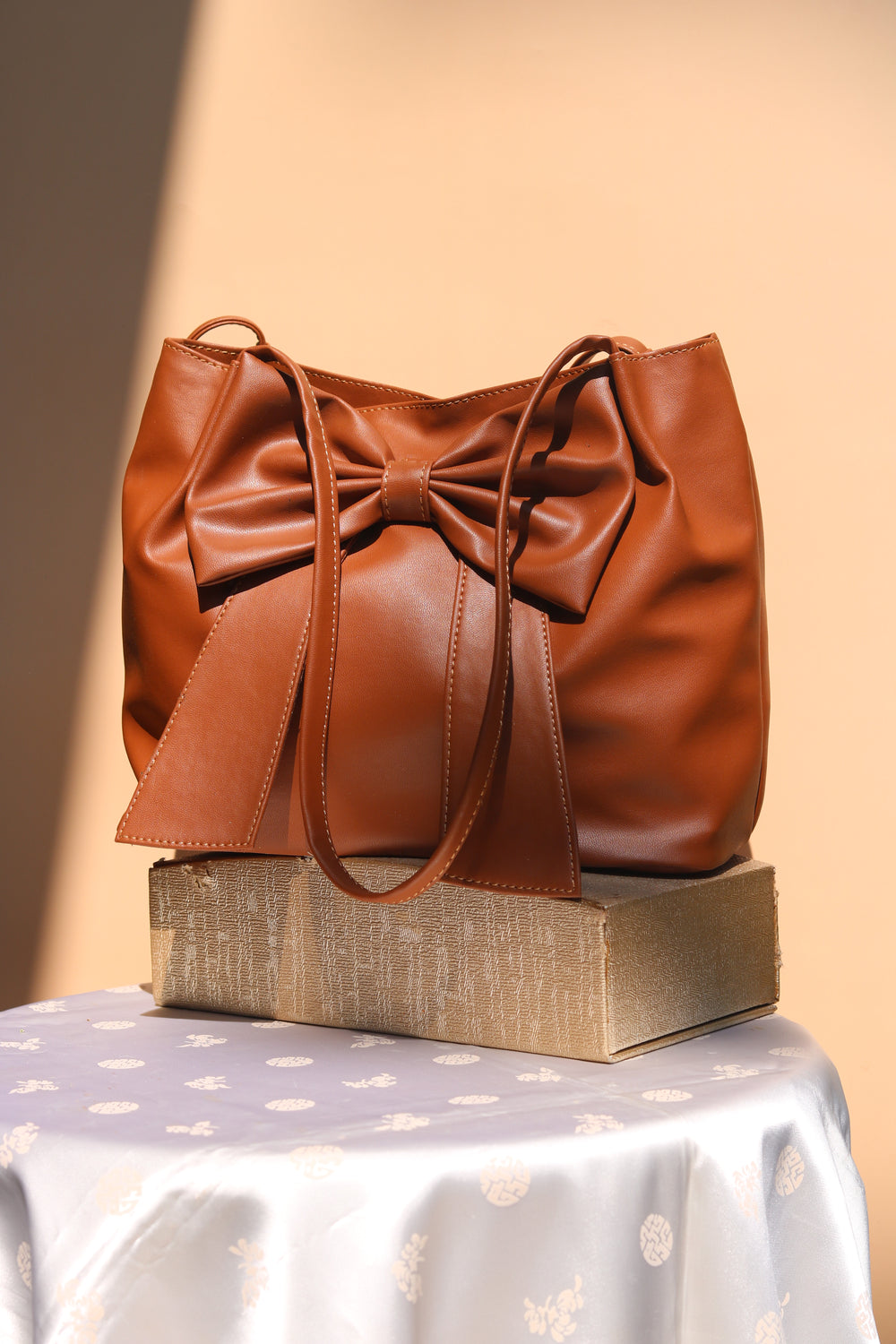 Tan Brown Soft Bow Hand Bag