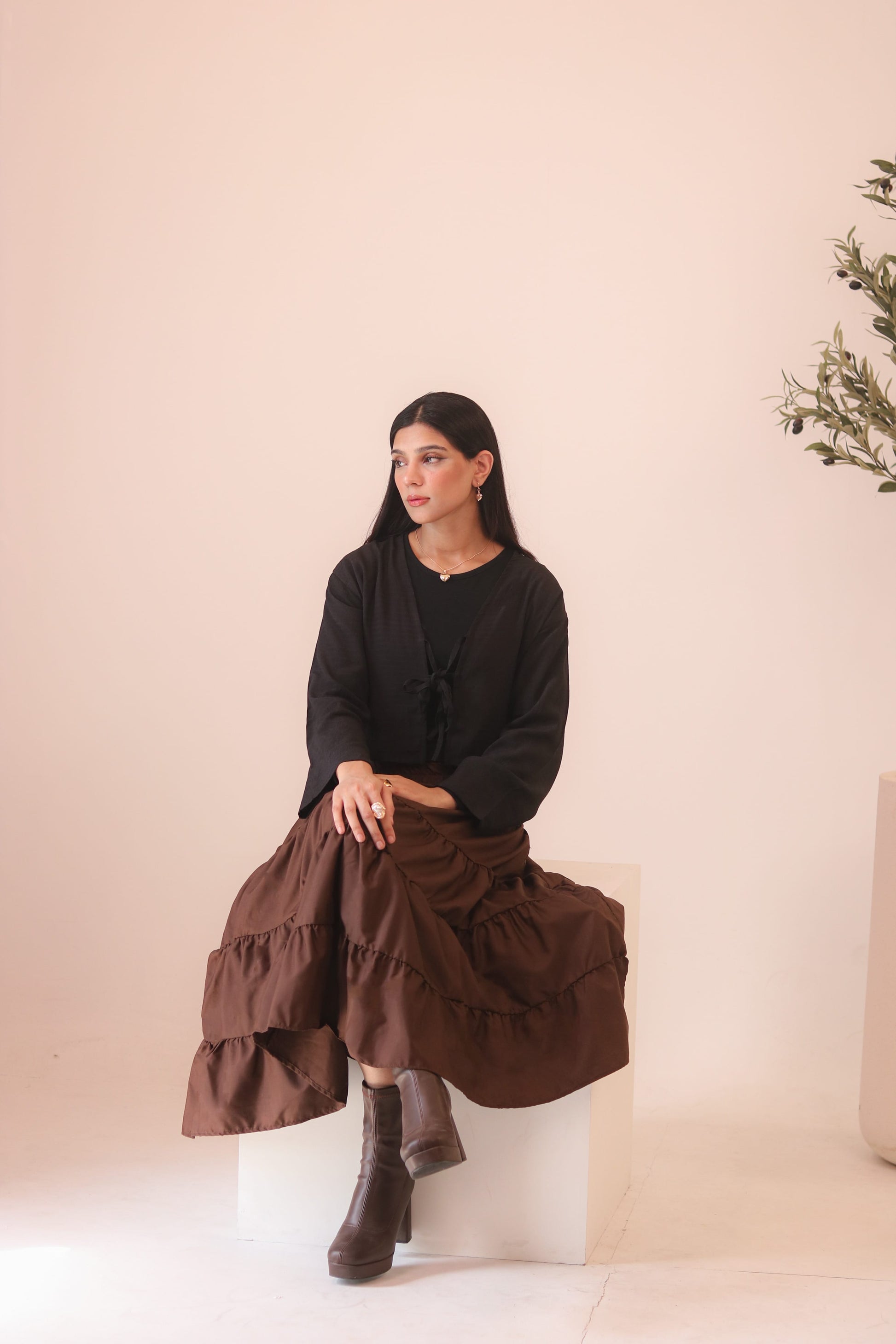 Brown 4-Tier Ruffle Maxi Skirt