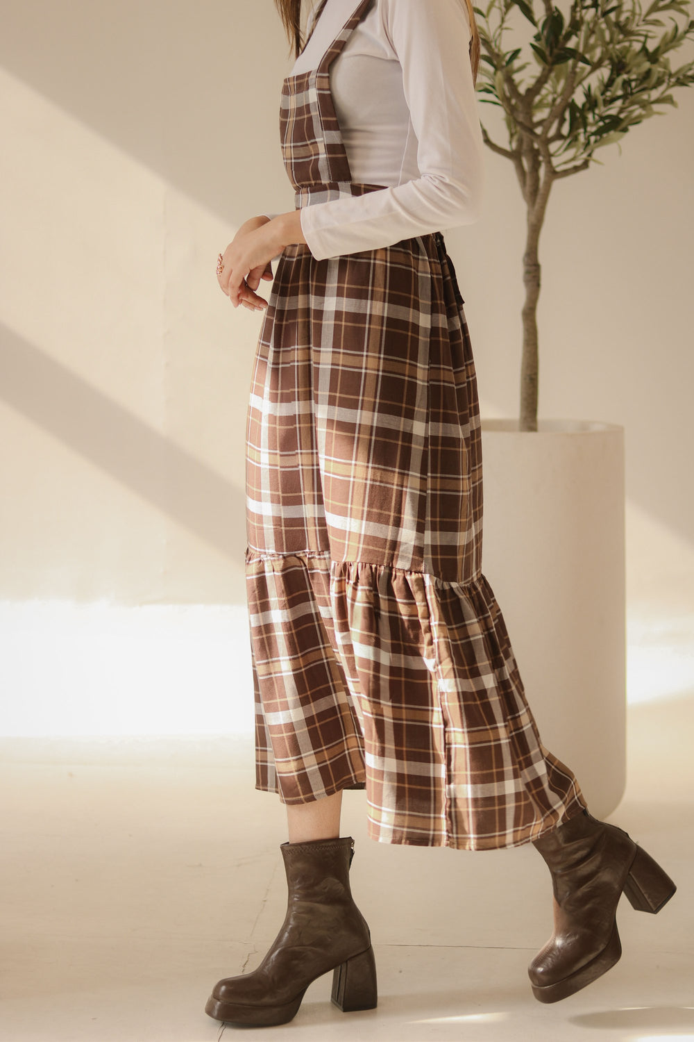 Brown Checkered Overall Dress
