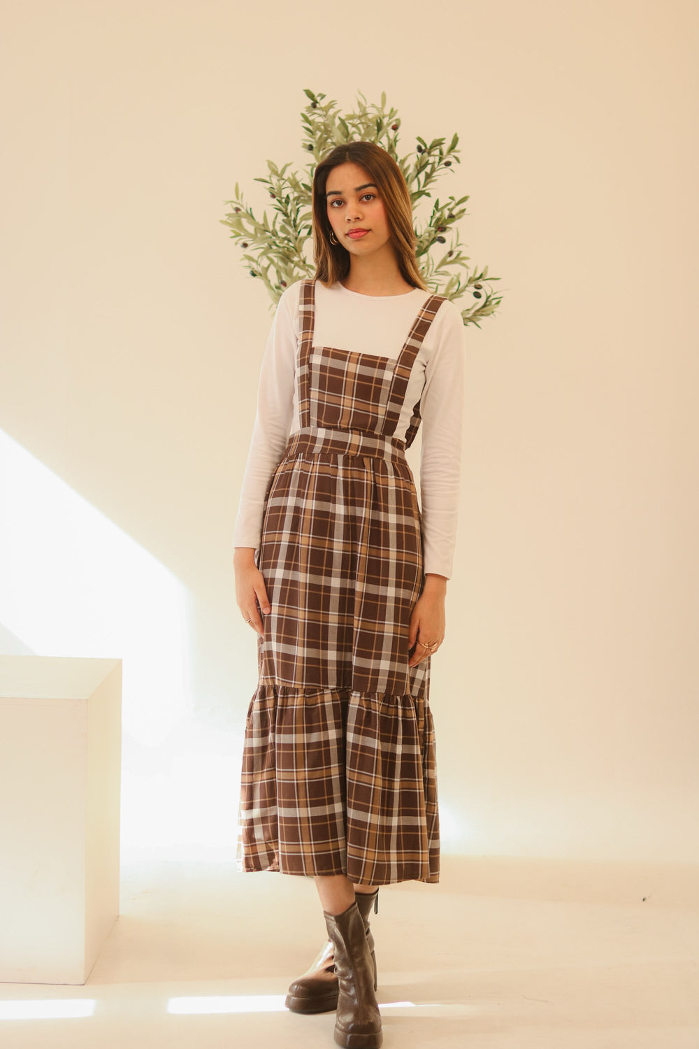 Brown Checkered Overall Dress
