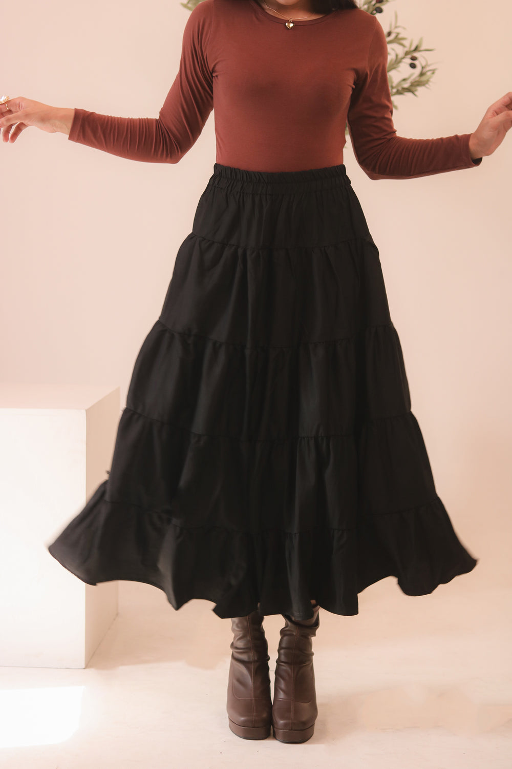 Black 4-Tier Ruffle Maxi Skirt