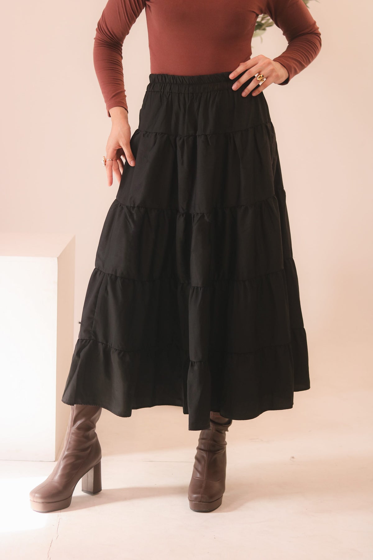 Black 4-Tier Ruffle Maxi Skirt