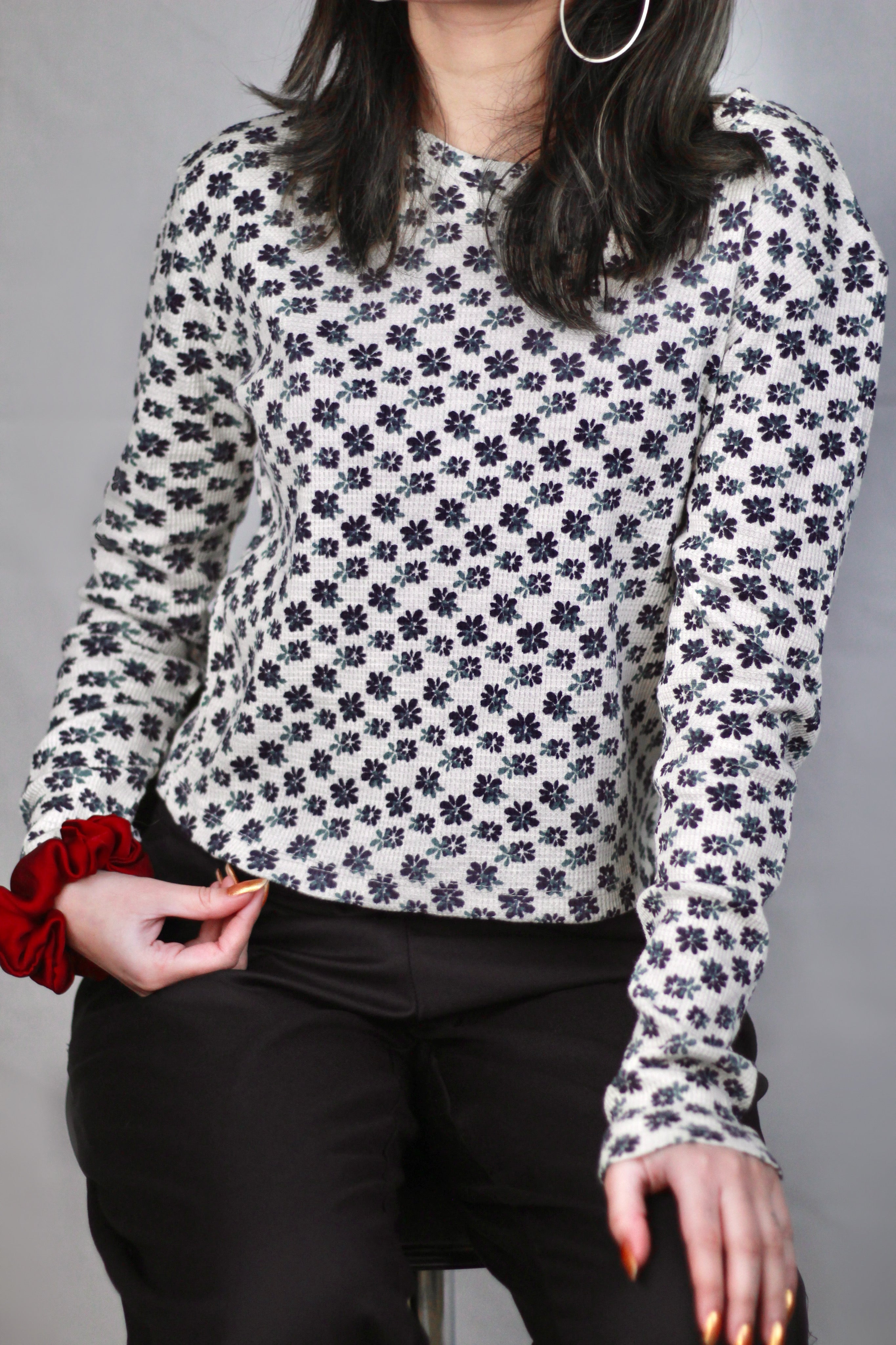 Black & White Floral Rib-Knit Fitted Top