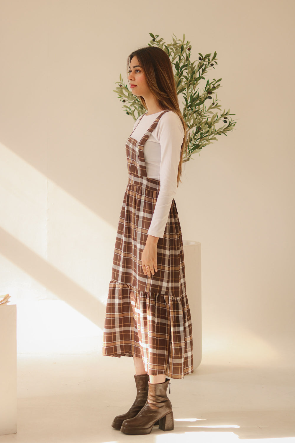 Brown Checkered Overall Dress