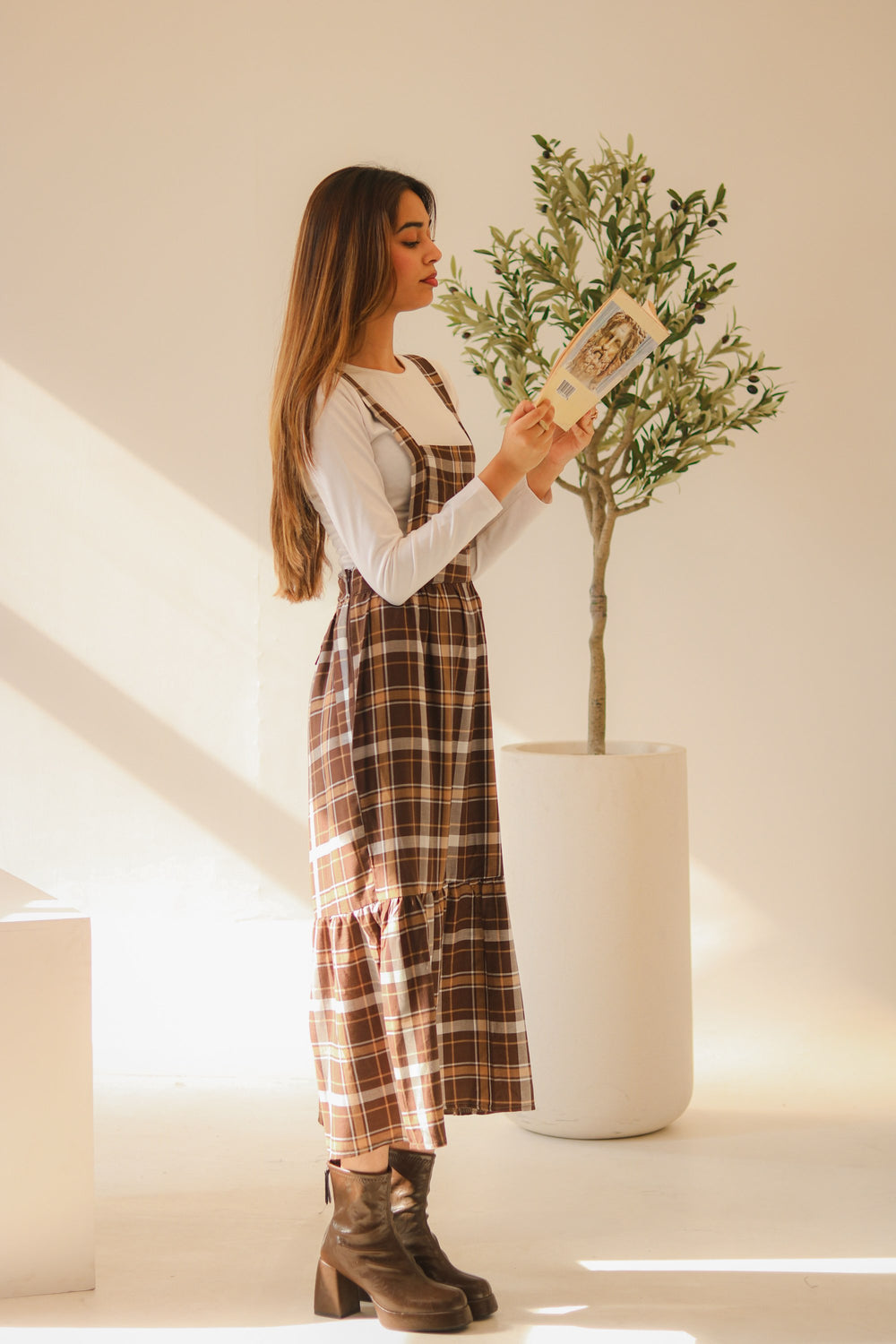 Brown Checkered Overall Dress