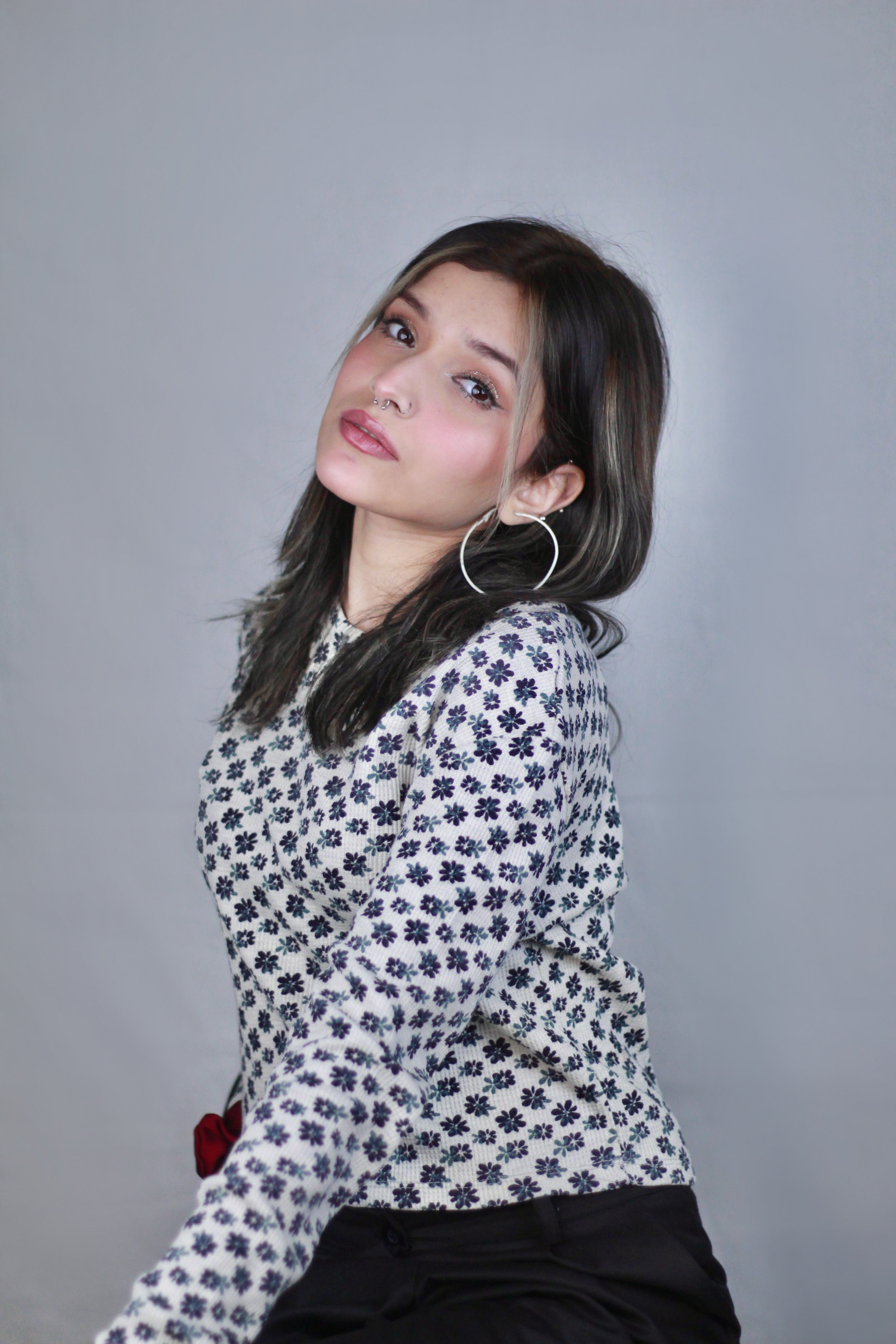 Black & White Floral Rib-Knit Fitted Top