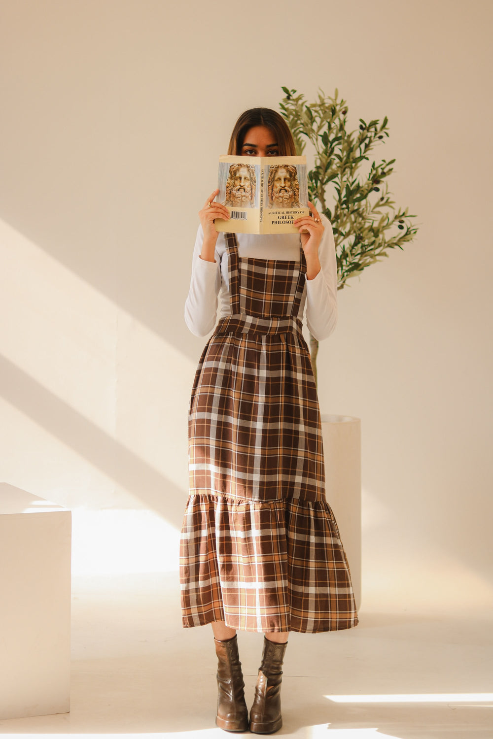 Brown Checkered Overall Dress