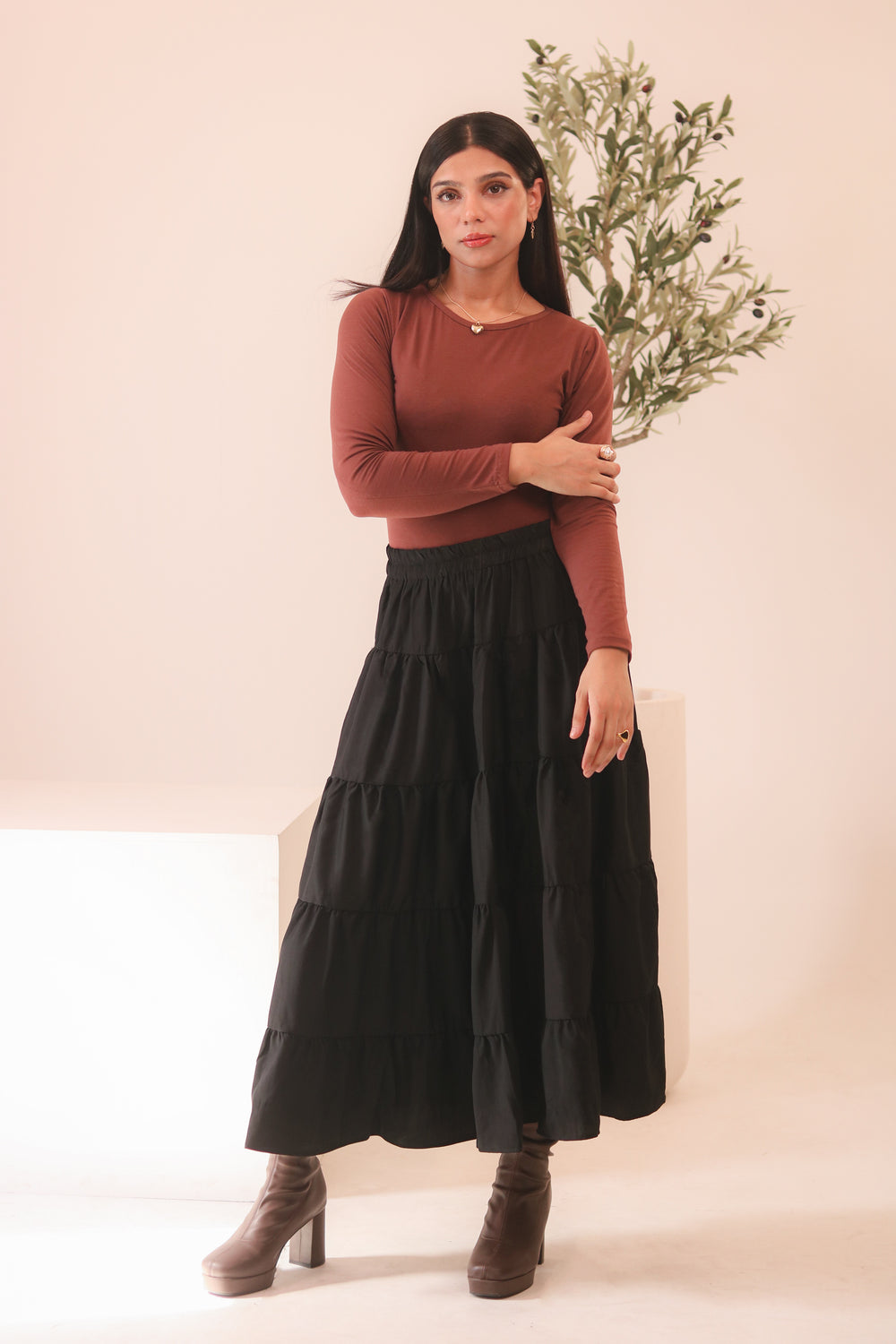 Black 4-Tier Ruffle Maxi Skirt