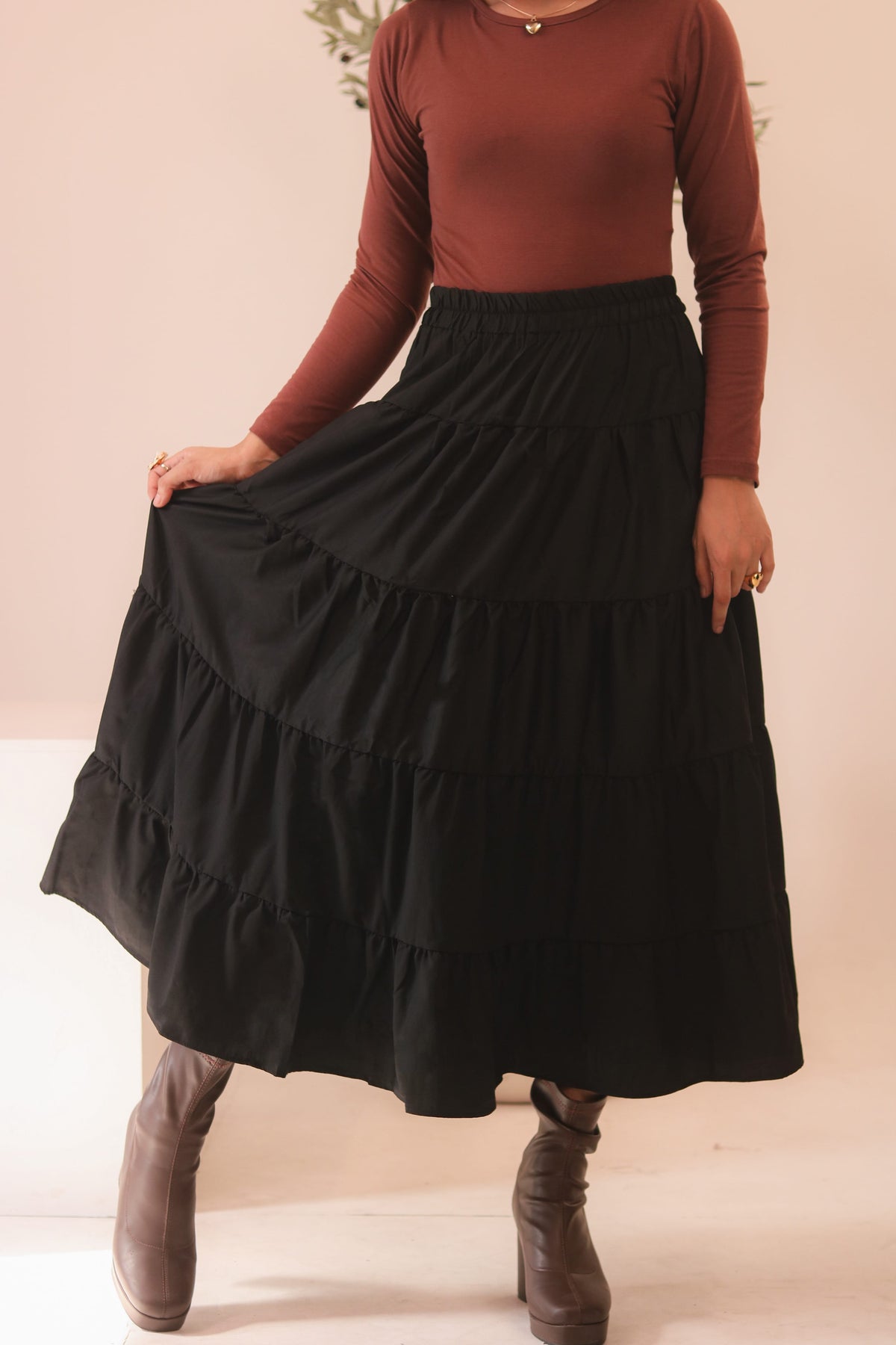 Black 4-Tier Ruffle Maxi Skirt