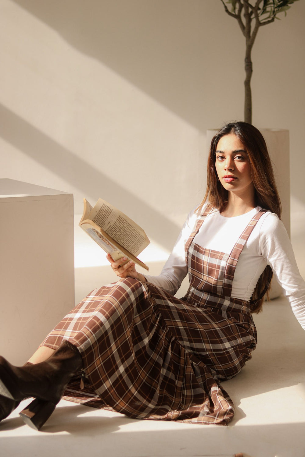Brown Checkered Overall Dress