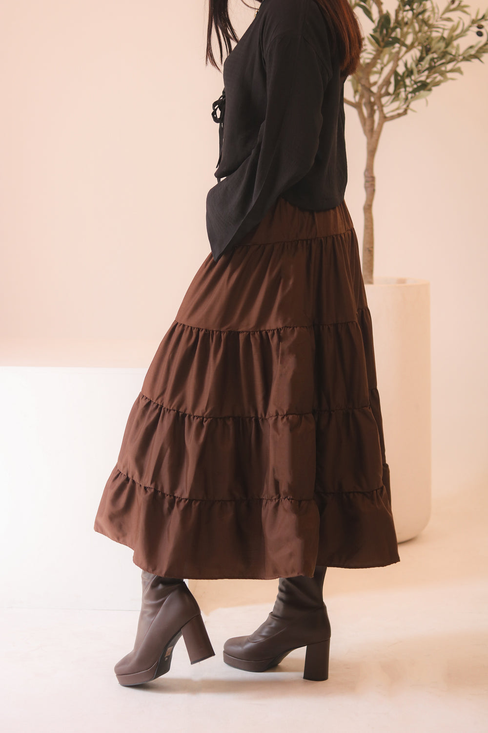 Brown 4-Tier Ruffle Maxi Skirt