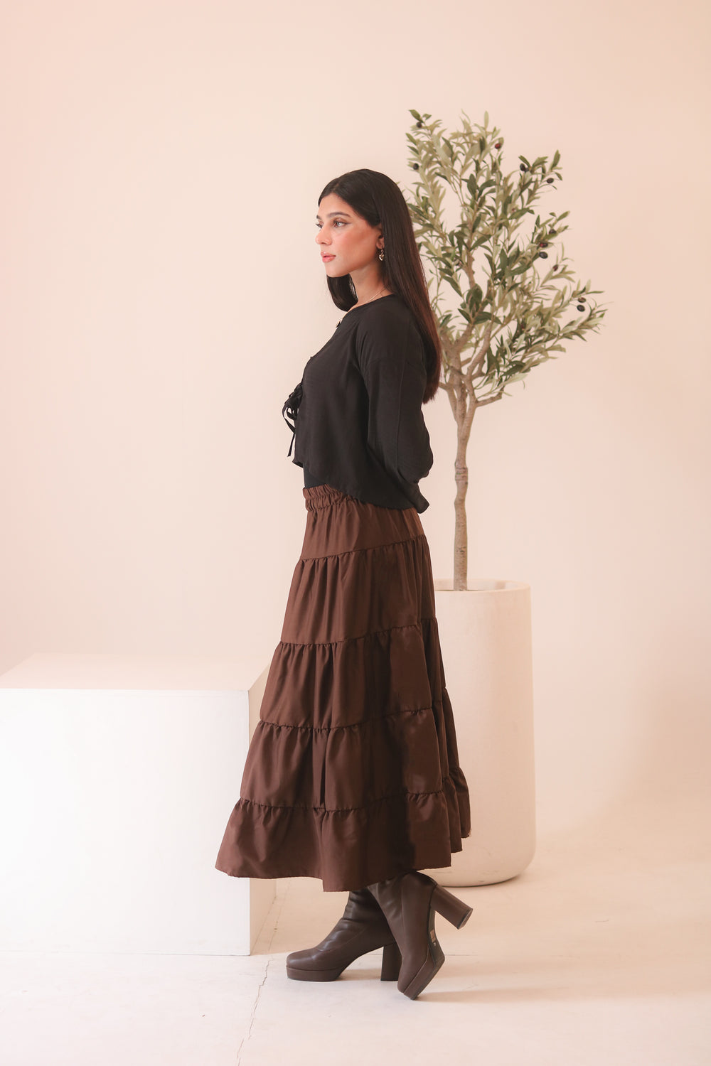 Brown 4-Tier Ruffle Maxi Skirt
