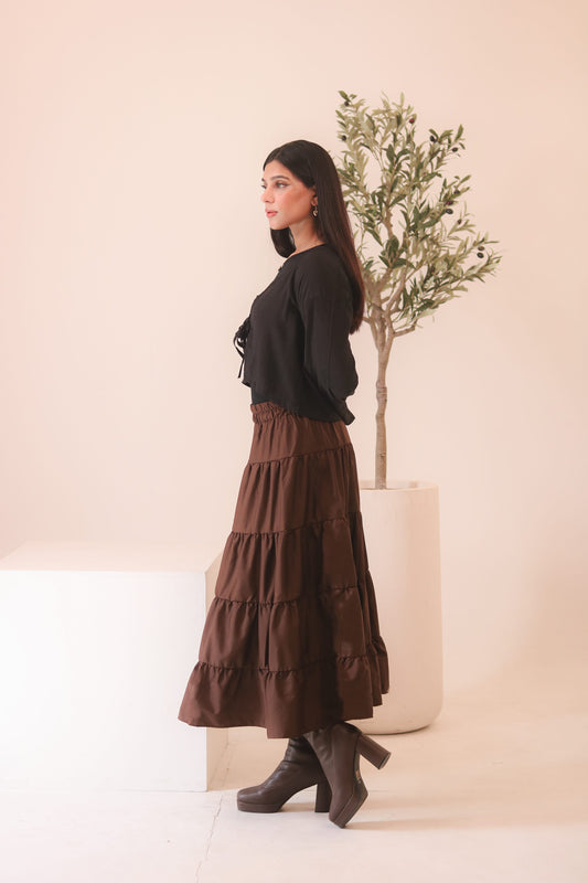 Brown 4-Tier Ruffle Maxi Skirt