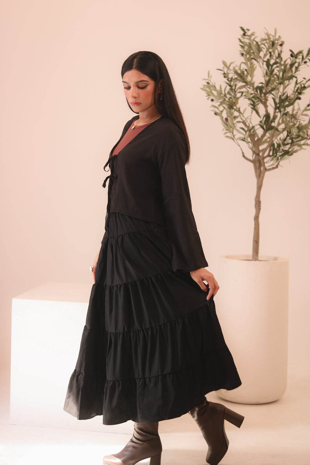 Black 4-Tier Ruffle Maxi Skirt