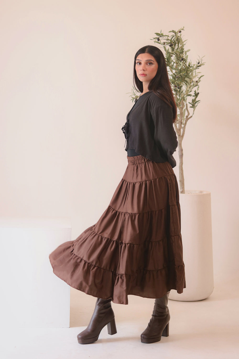 Brown 4-Tier Ruffle Maxi Skirt