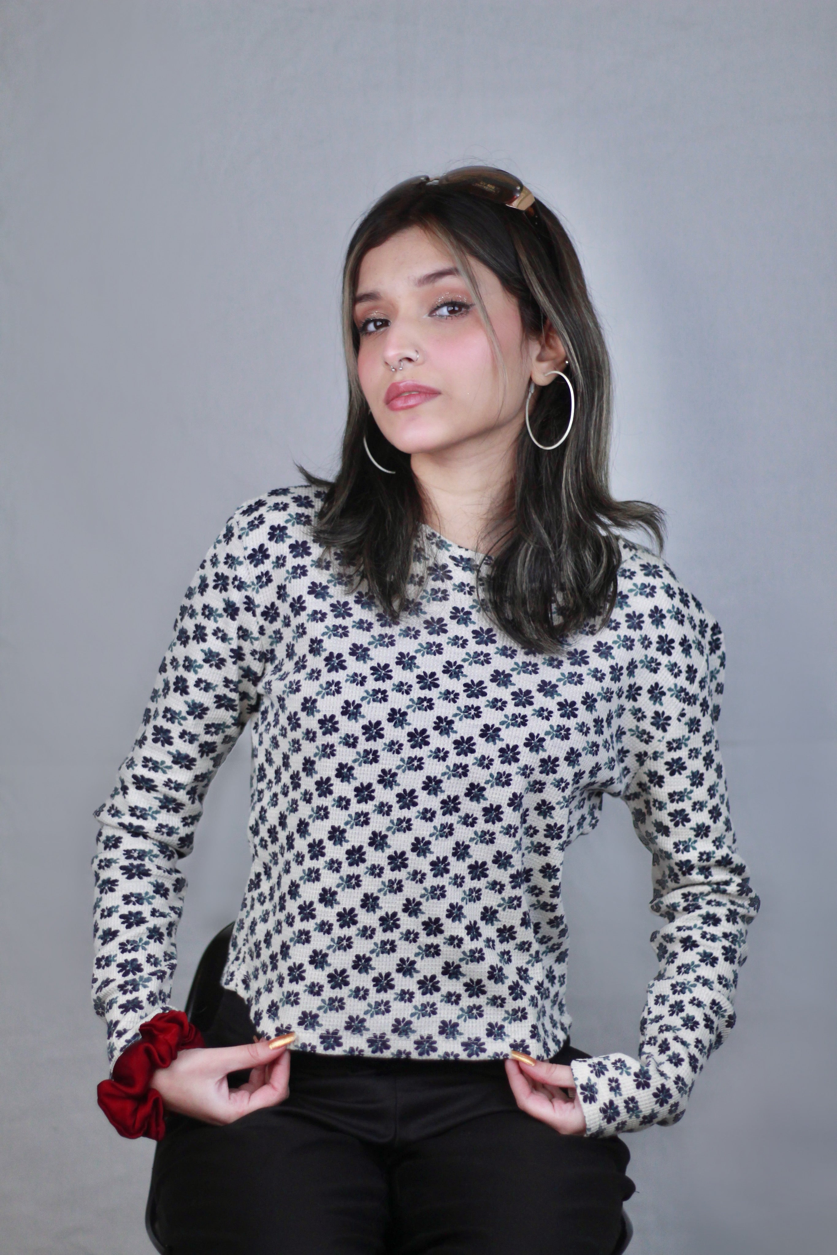 Black & White Floral Rib-Knit Fitted Top