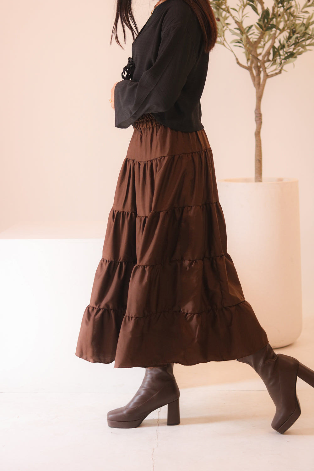 Brown 4-Tier Ruffle Maxi Skirt
