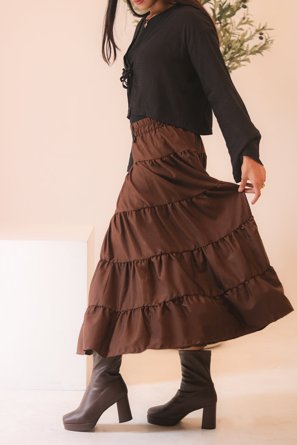 Brown 4-Tier Ruffle Maxi Skirt