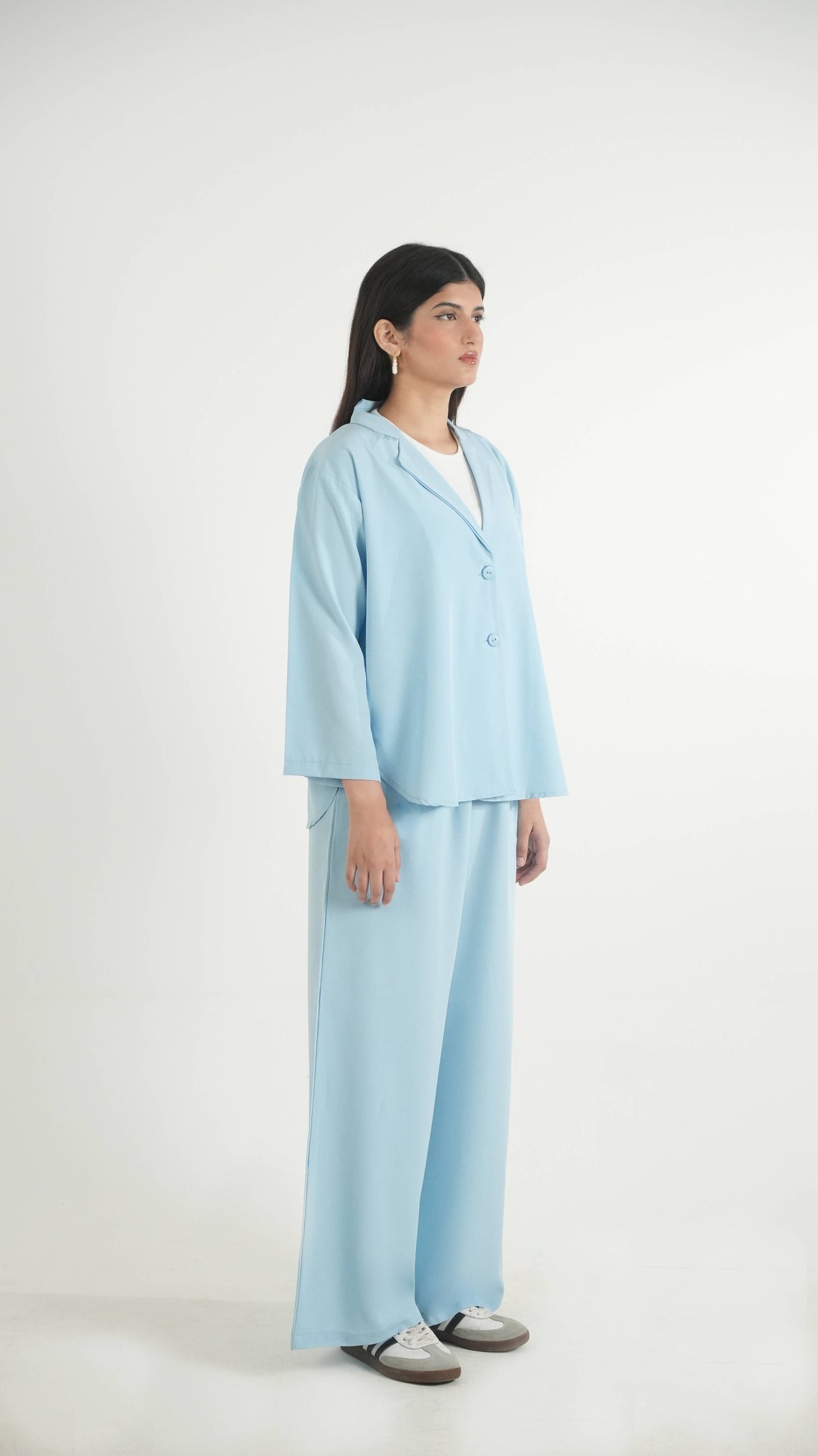 Sky Blue K-Pop Style Coat Top & Loose Pants 2-Piece Set