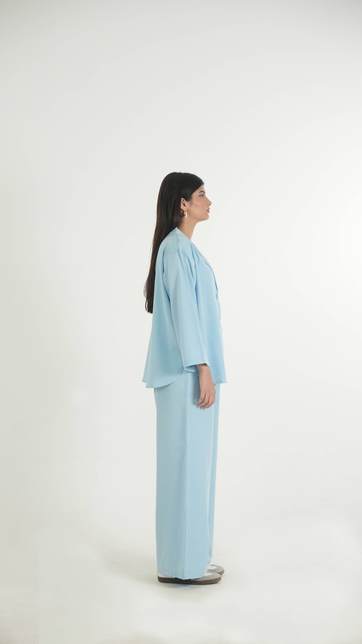 Sky Blue K-Pop Style Coat Top & Loose Pants 2-Piece Set