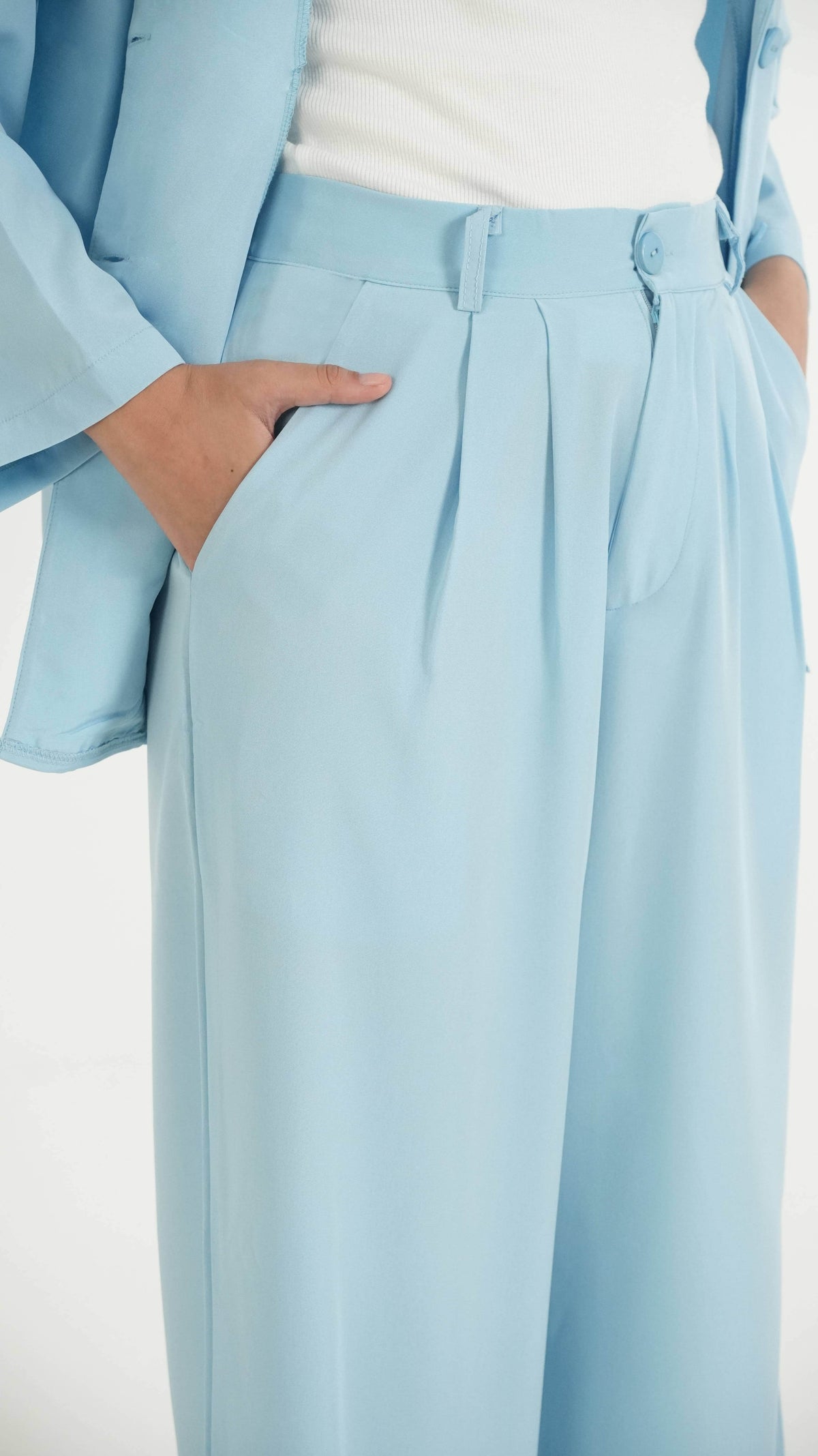 Sky Blue K-Pop Style Coat Top & Loose Pants 2-Piece Set