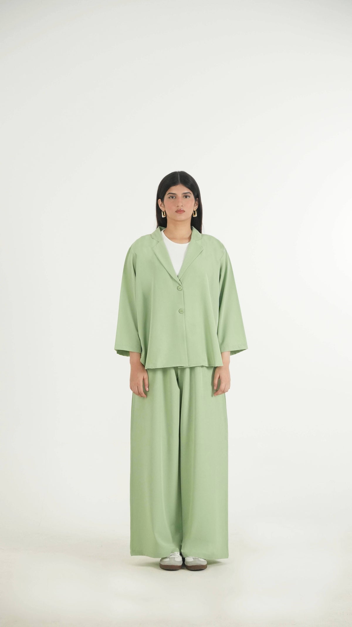 Matcha Green K-Pop Style Coat Top & Loose Pants 2-Piece Set