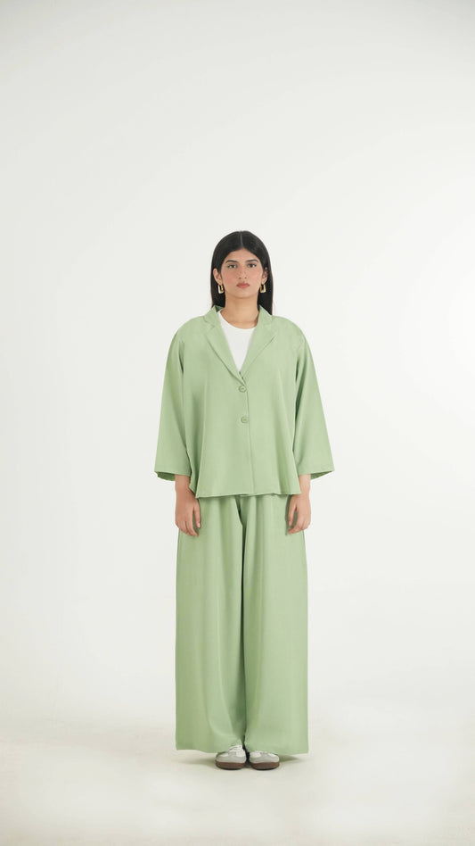 Matcha Green K-Pop Style Coat Top & Loose Pants 2-Piece Set