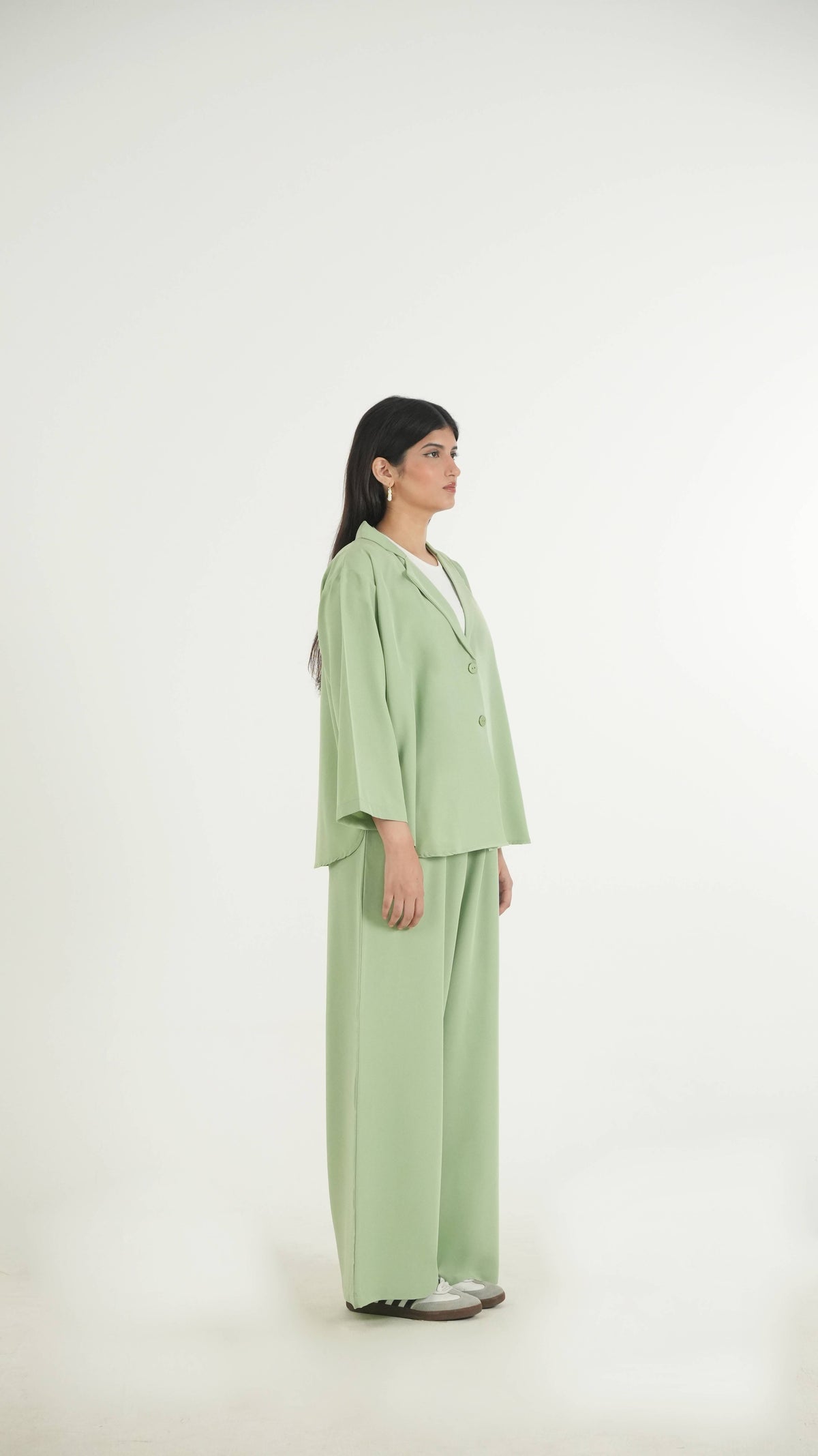 Matcha Green K-Pop Style Coat Top & Loose Pants 2-Piece Set