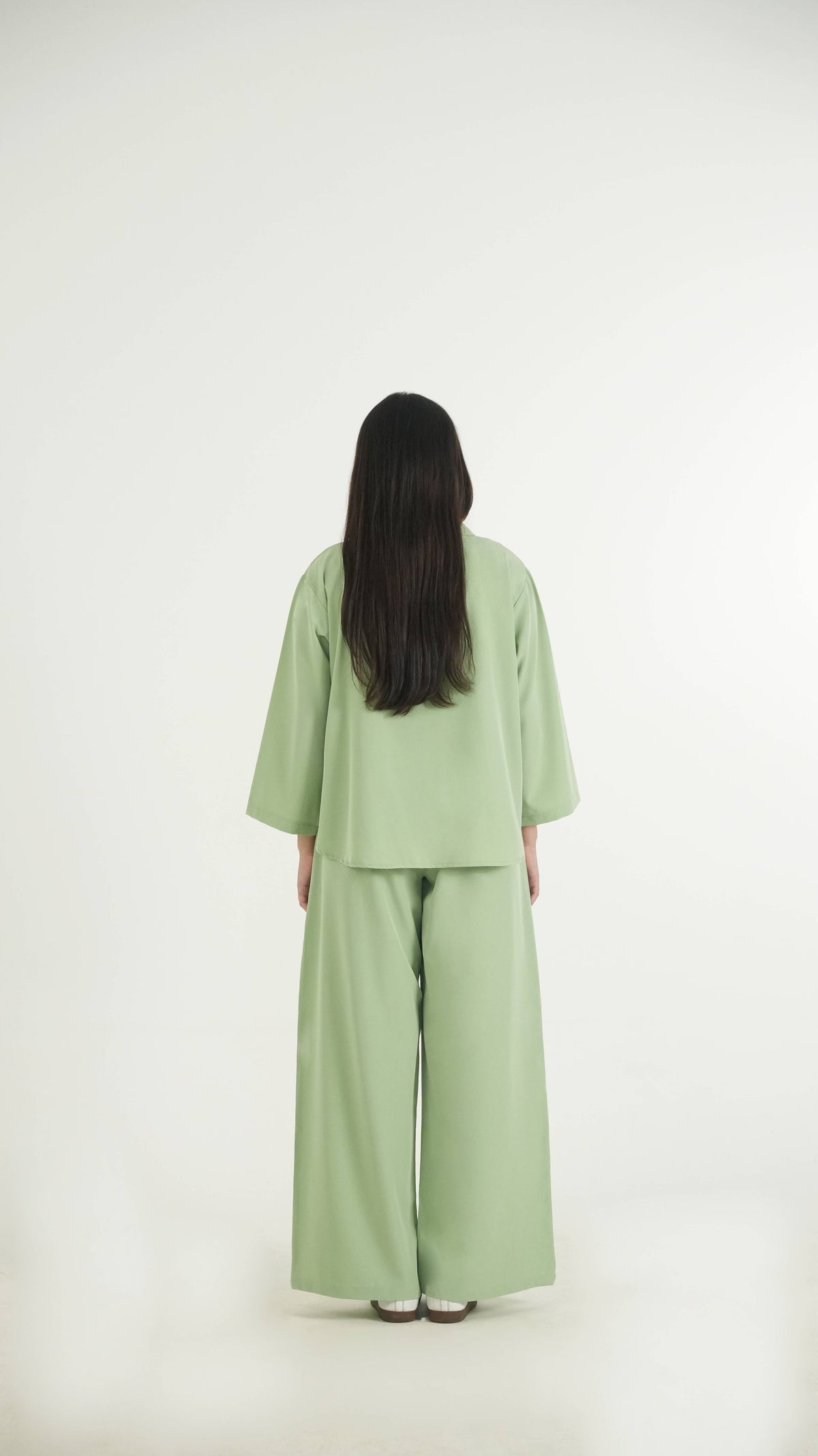 Matcha Green K-Pop Style Coat Top & Loose Pants 2-Piece Set