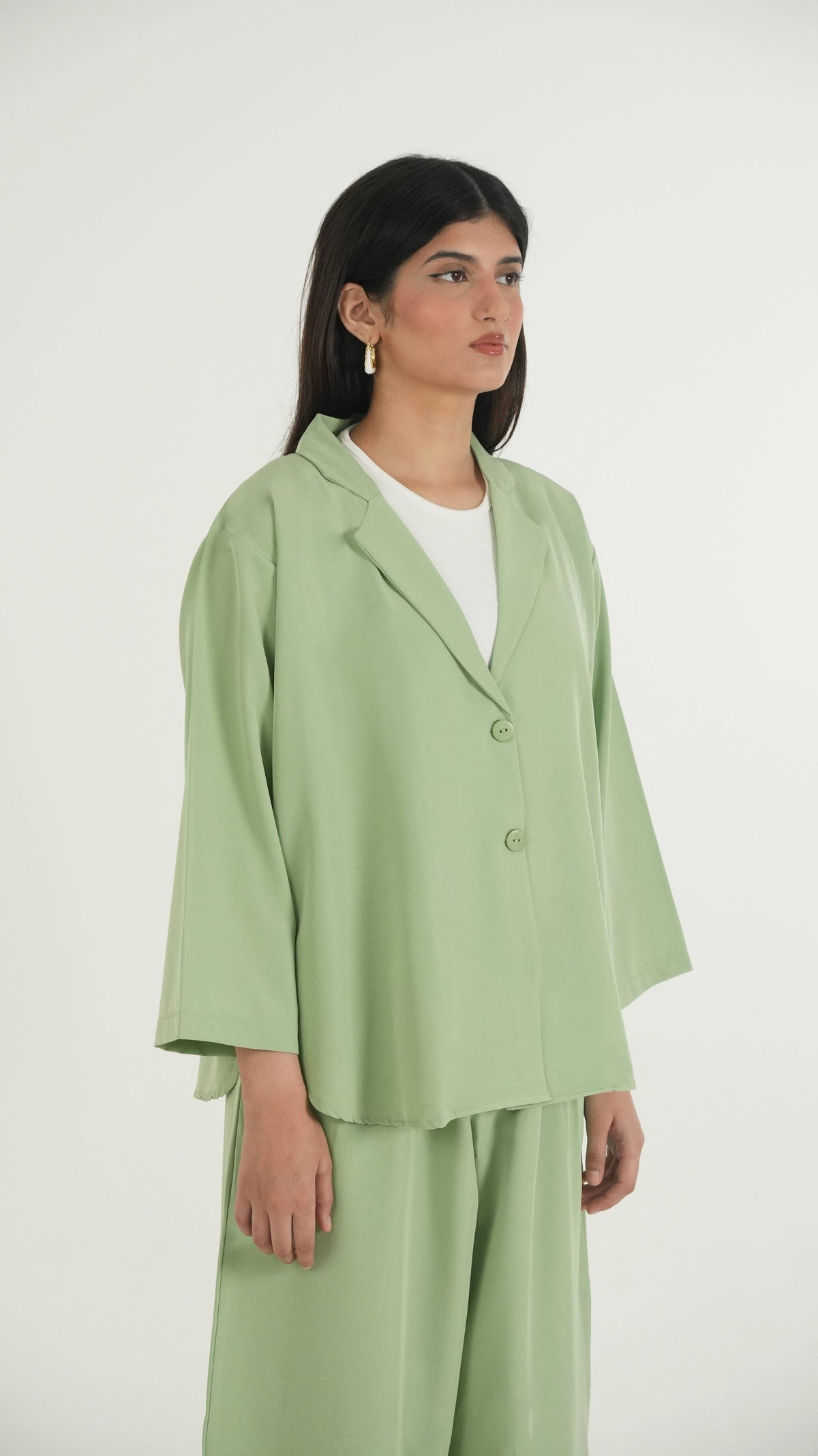 Matcha Green K-Pop Style Coat Top & Loose Pants 2-Piece Set