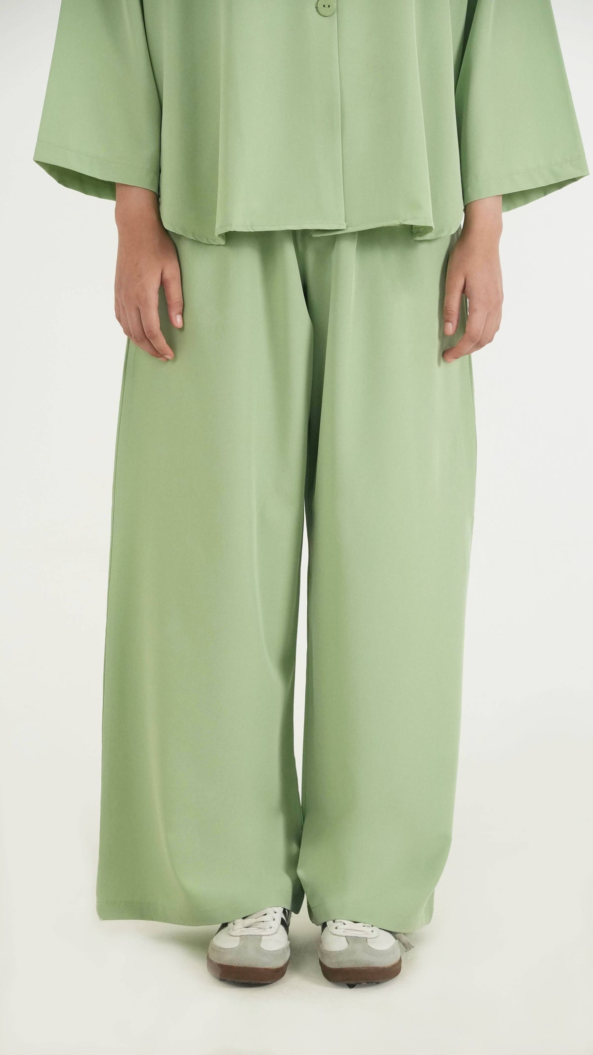 Matcha Green K-Pop Style Coat Top & Loose Pants 2-Piece Set