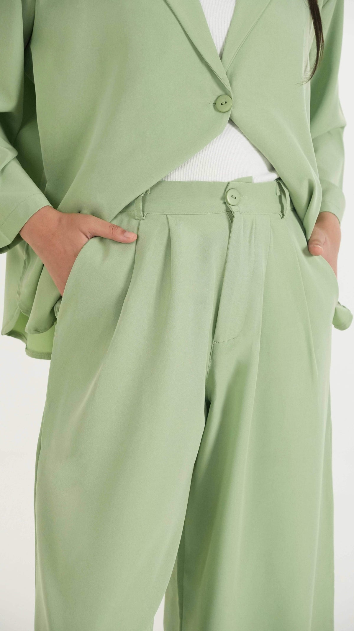 Matcha Green K-Pop Style Coat Top & Loose Pants 2-Piece Set
