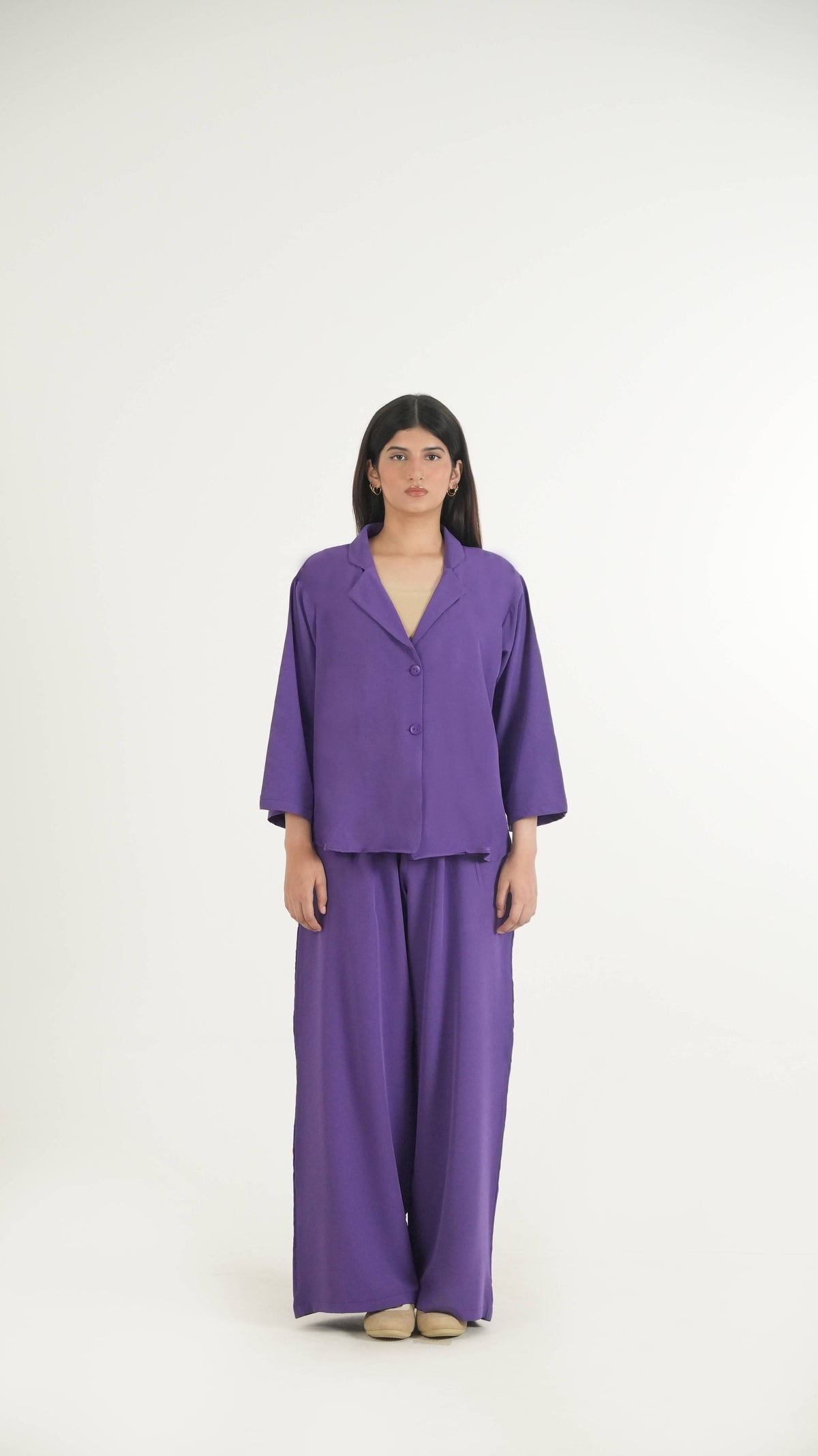 Purple K-Pop Style Coat Top & Loose Pants 2-Piece Set