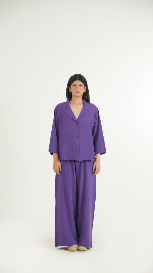 Purple K-Pop Style Coat Top & Loose Pants 2-Piece Set