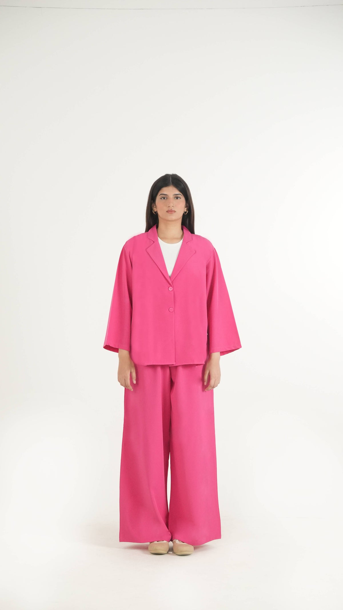 Hot Pink K-Pop Style Coat Top & Loose Pants 2-Piece Set
