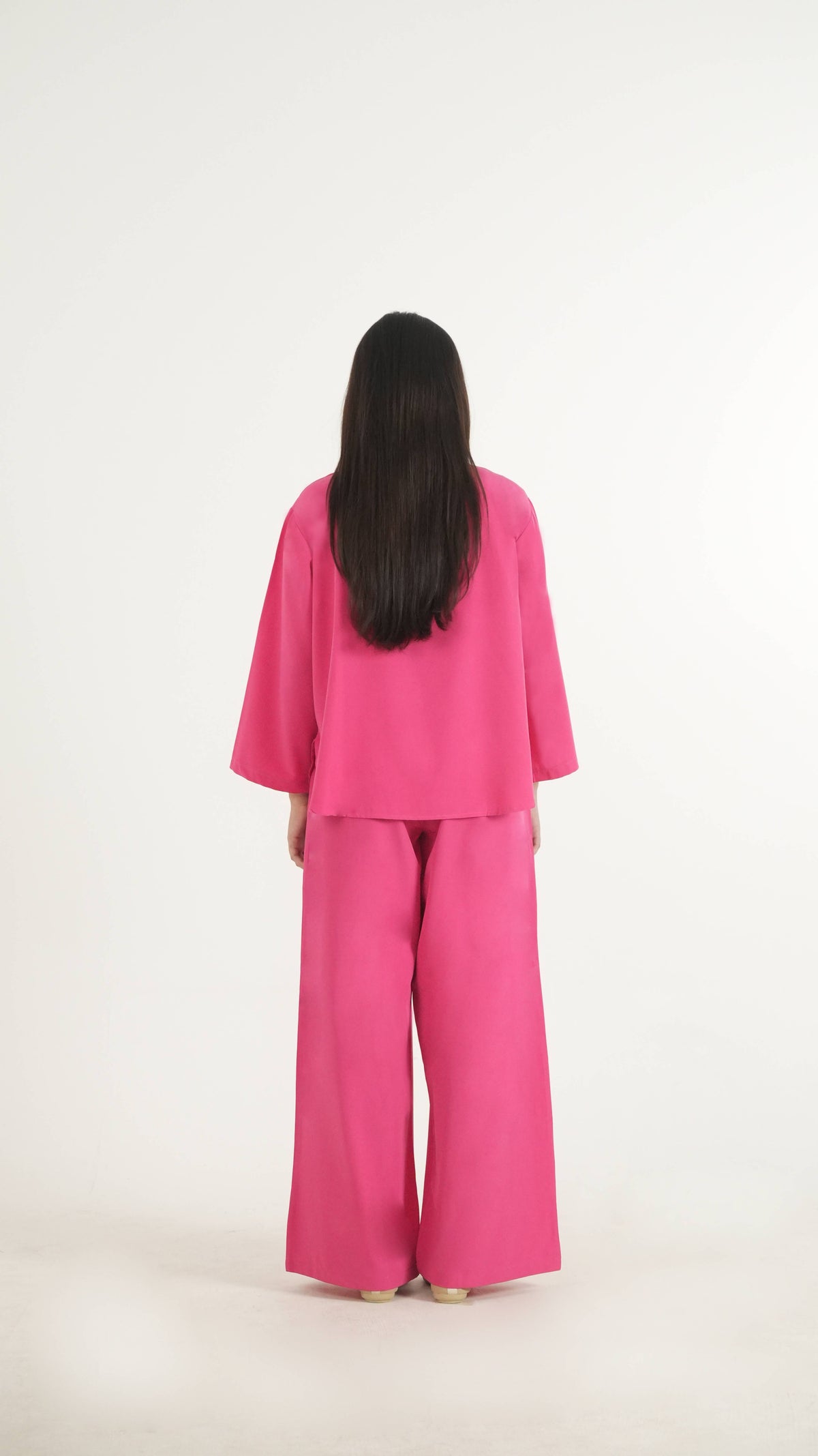 Hot Pink K-Pop Style Coat Top & Loose Pants 2-Piece Set