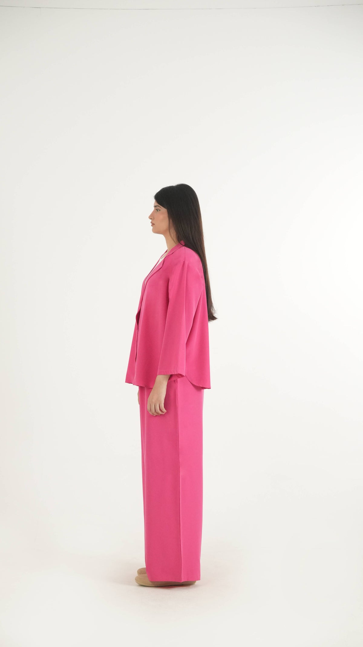 Hot Pink K-Pop Style Coat Top & Loose Pants 2-Piece Set