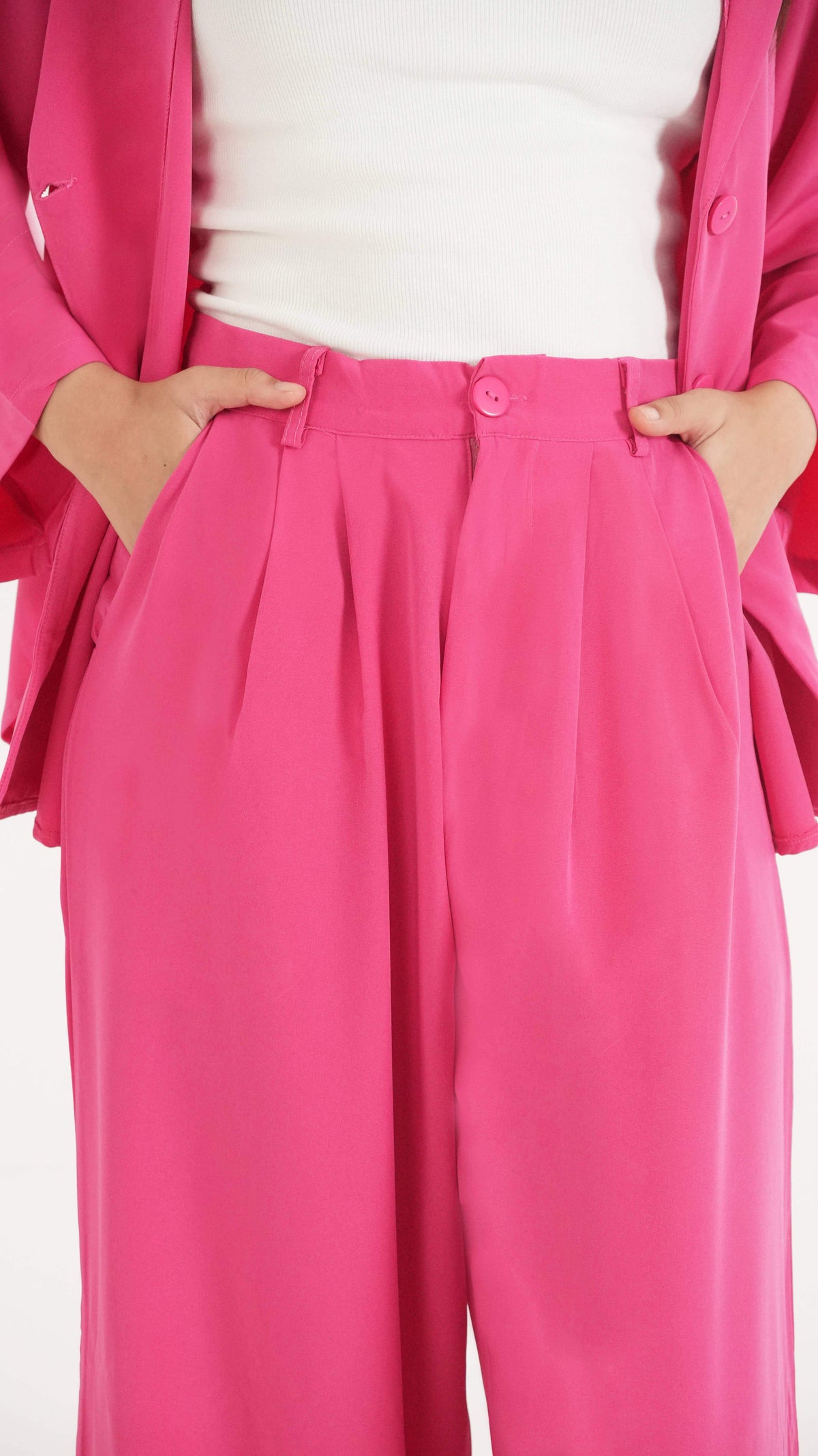 Hot Pink K-Pop Style Coat Top & Loose Pants 2-Piece Set