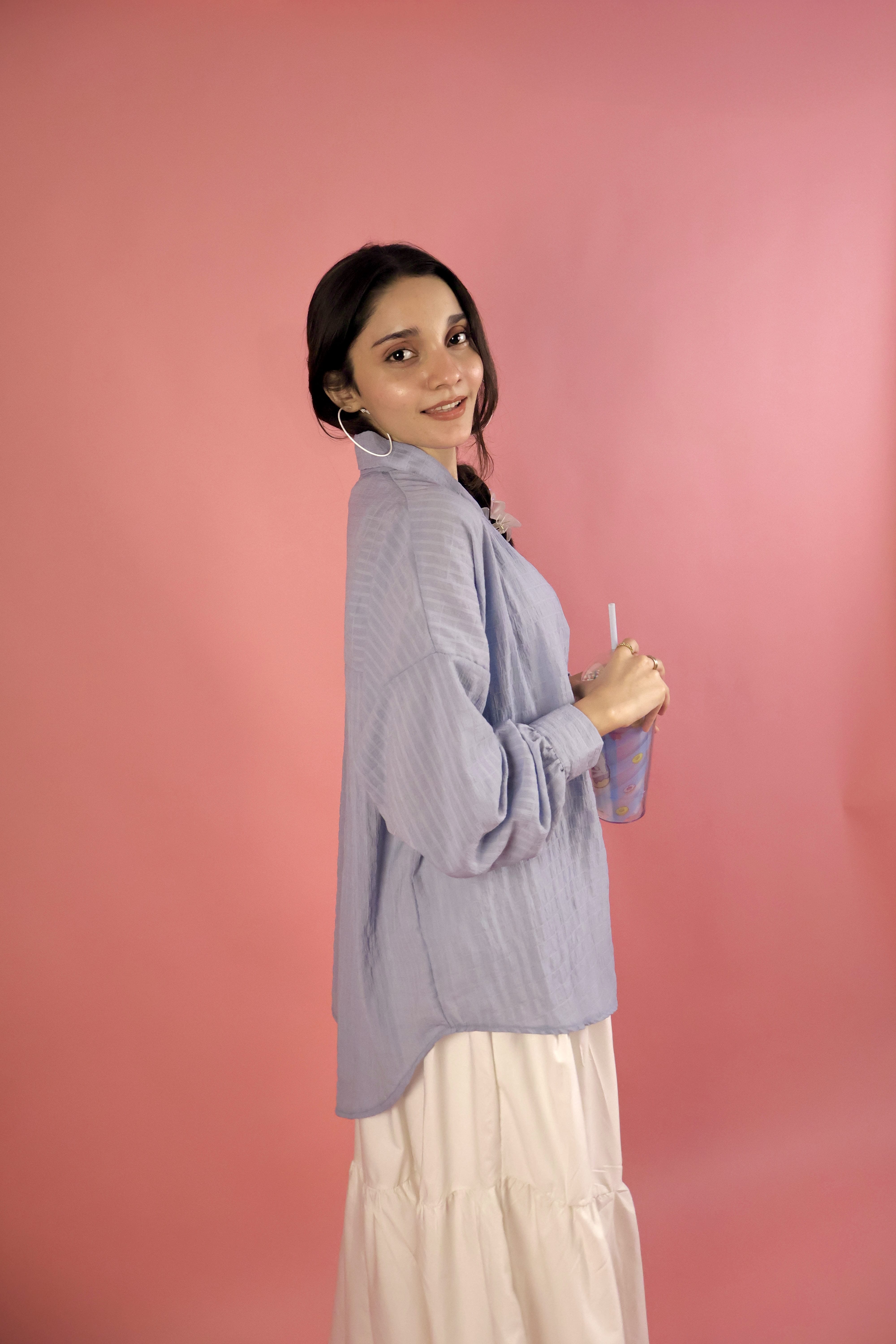 Powder Blue Crimp Button Up Shirt