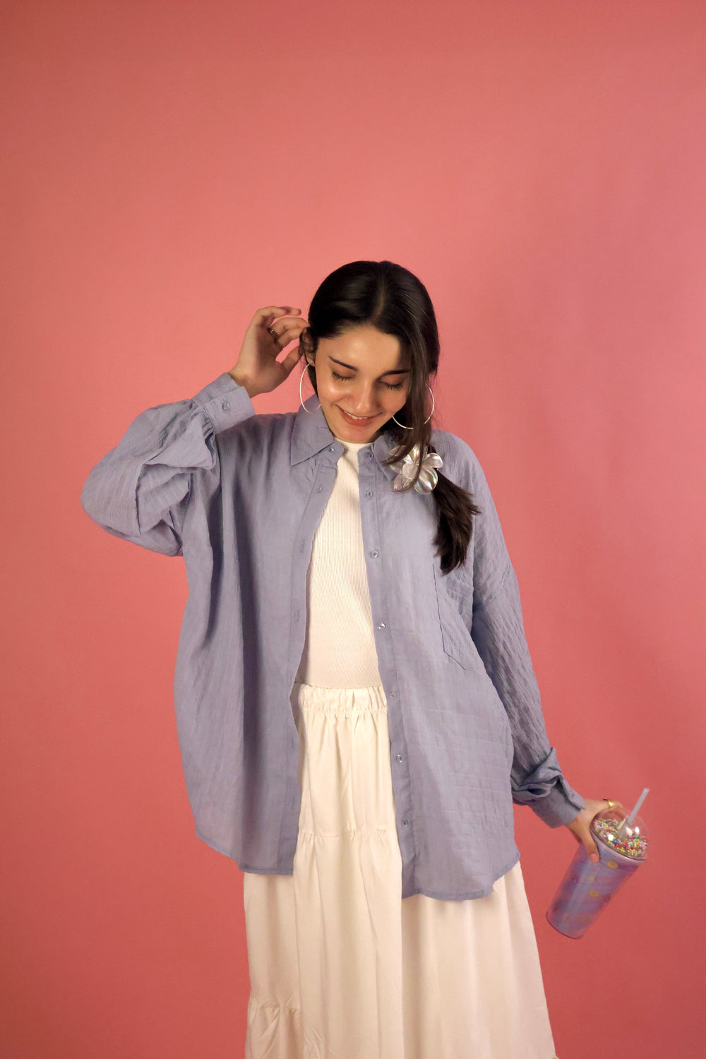Powder Blue Crimp Button Up Shirt