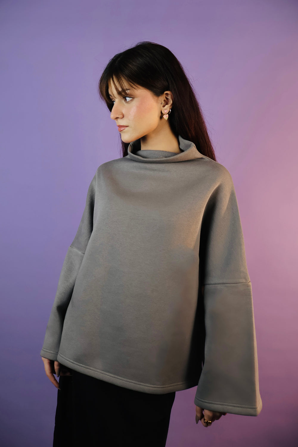 Grey Oversized Cowl High Neck Drop Shoulder Sweatshirt
