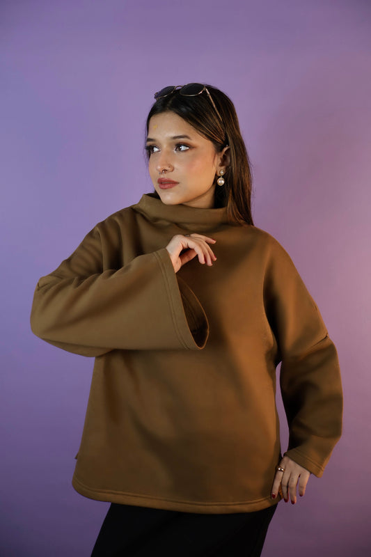 Caramel Brown Oversized Cowl High Neck Drop Shoulder Sweatshirt