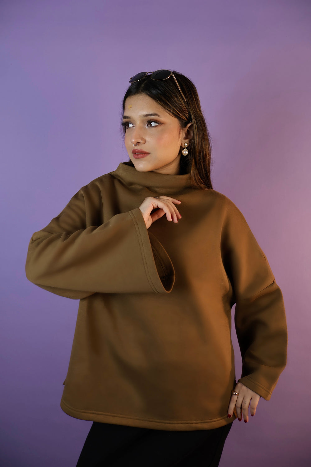 Caramel Brown Oversized Cowl High Neck Drop Shoulder Sweatshirt