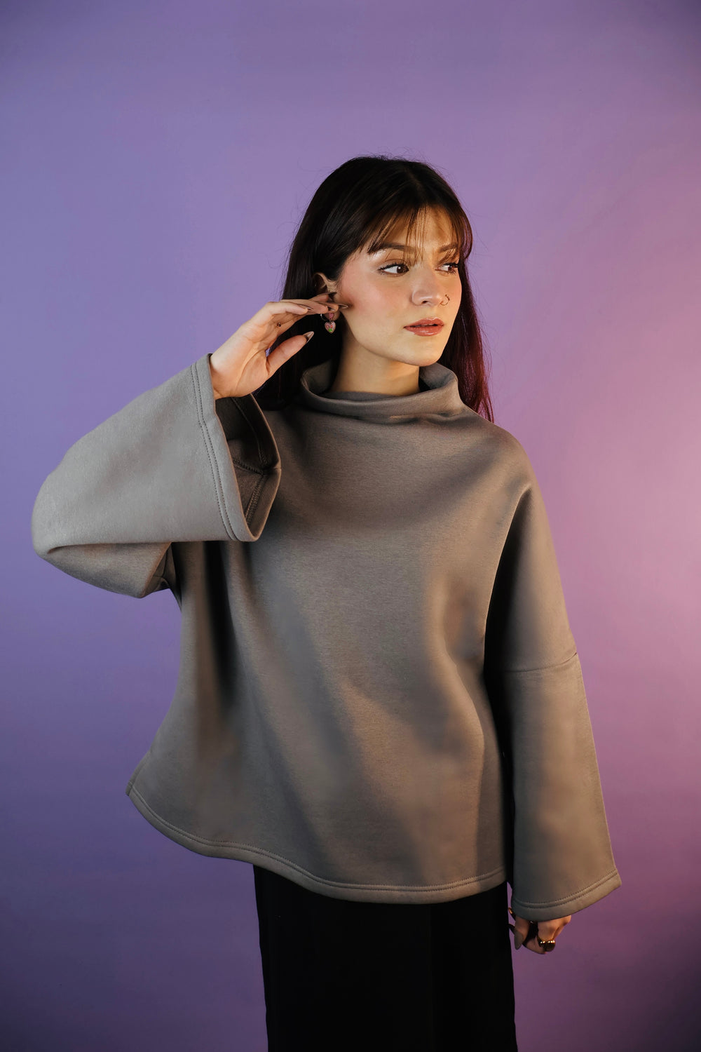 Grey Oversized Cowl High Neck Drop Shoulder Sweatshirt
