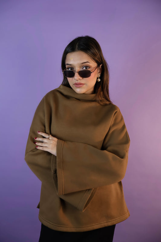Caramel Brown Oversized Cowl High Neck Drop Shoulder Sweatshirt