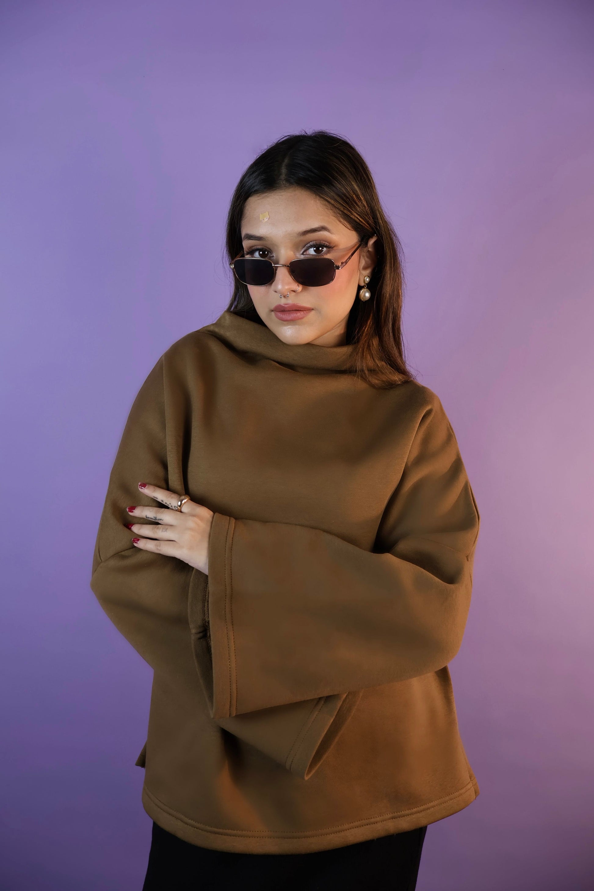 Caramel Brown Oversized Cowl High Neck Drop Shoulder Sweatshirt