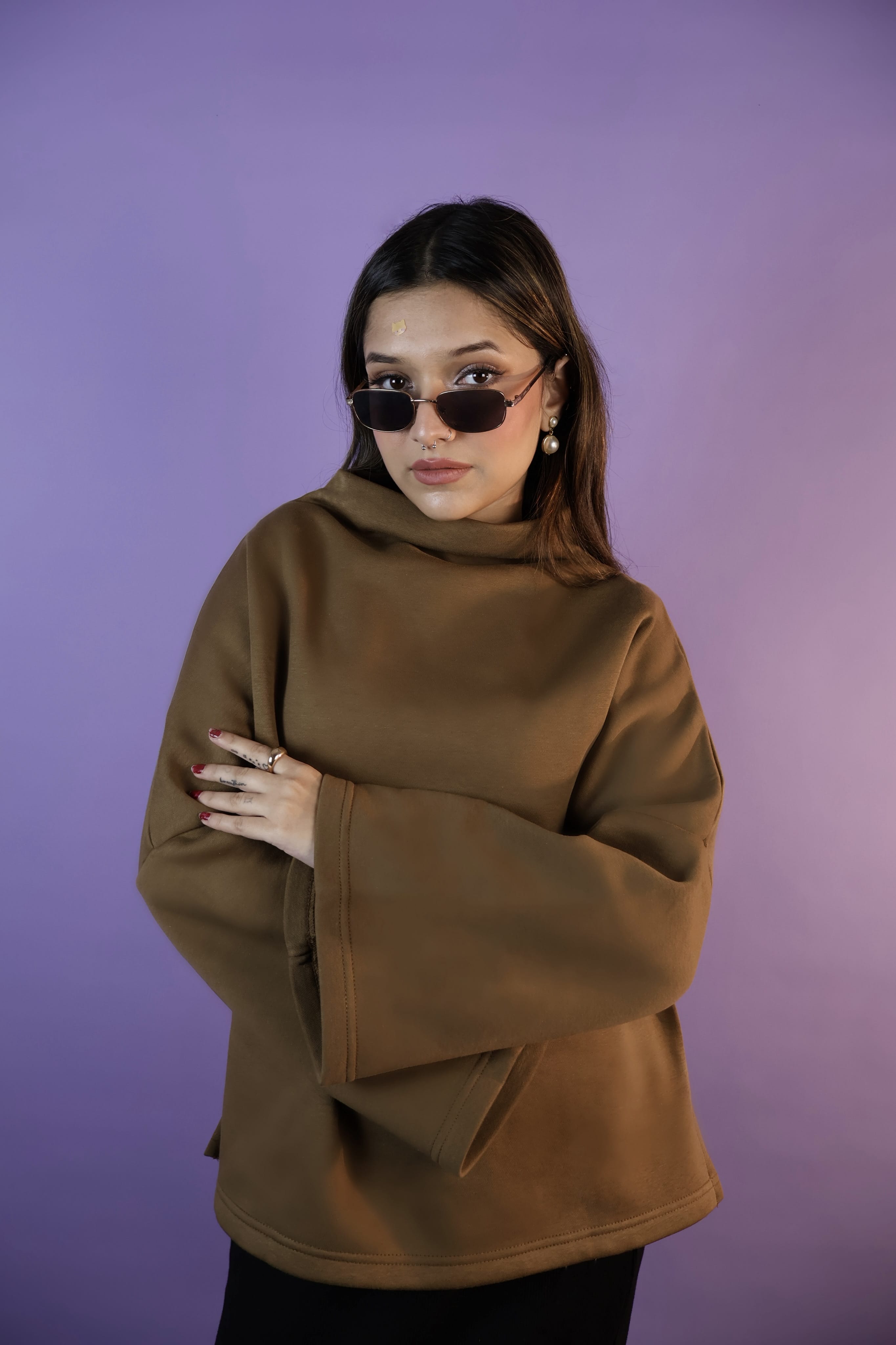 Caramel Brown Oversized Cowl High Neck Drop Shoulder Sweatshirt