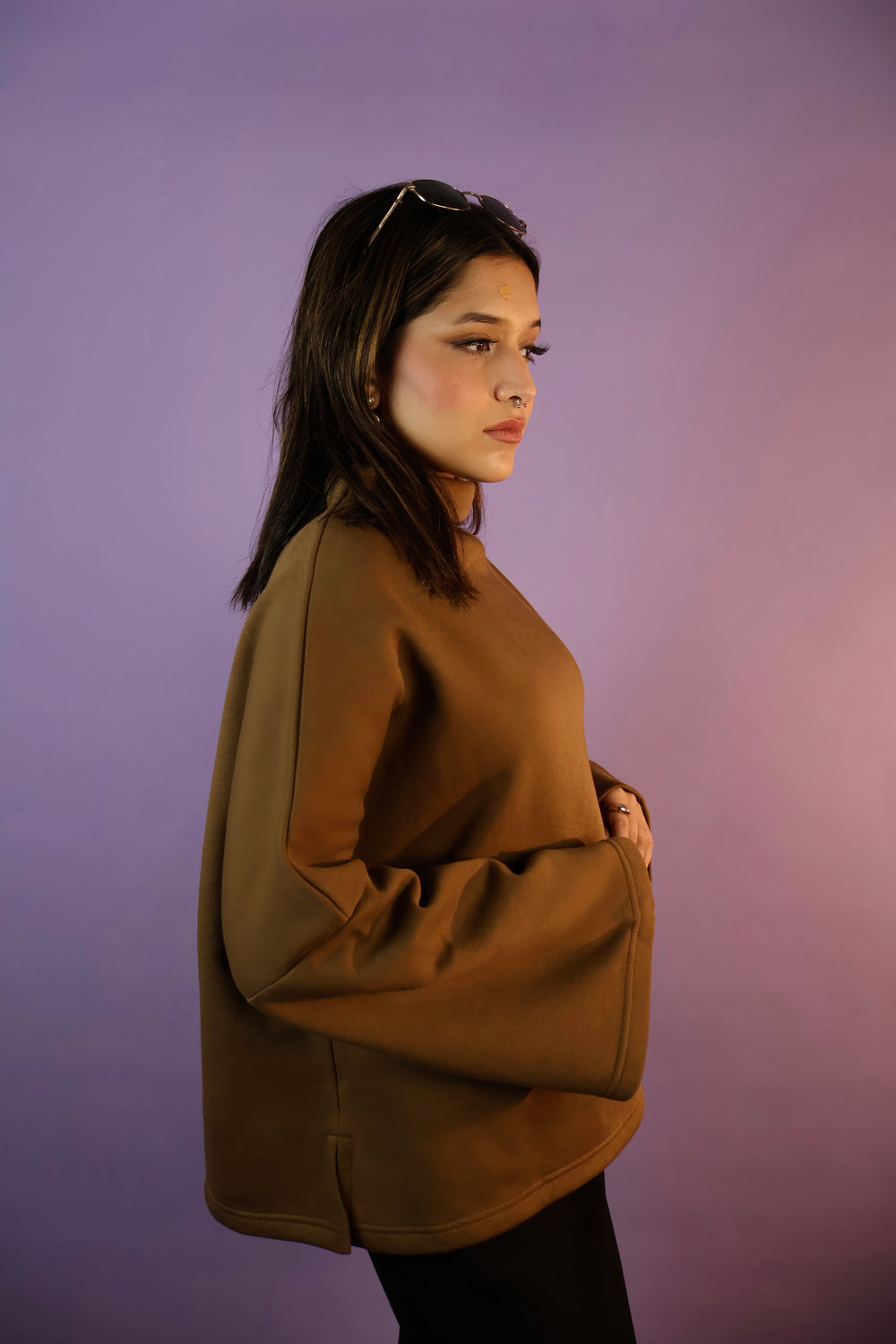 Caramel Brown Oversized Cowl High Neck Drop Shoulder Sweatshirt