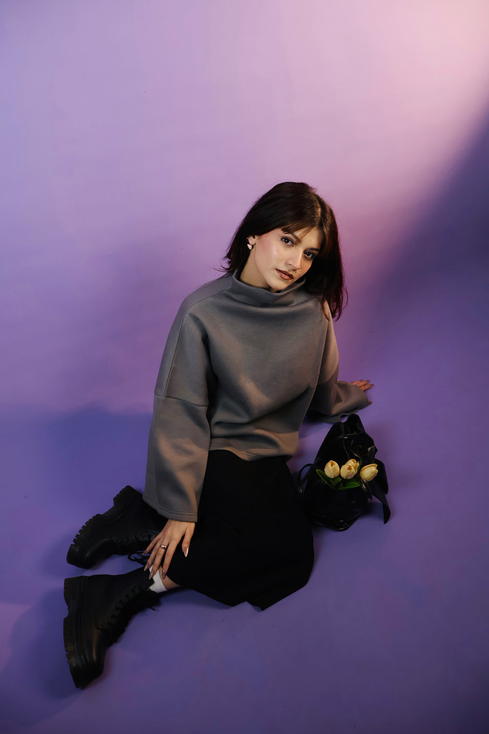 Grey Oversized Cowl High Neck Drop Shoulder Sweatshirt