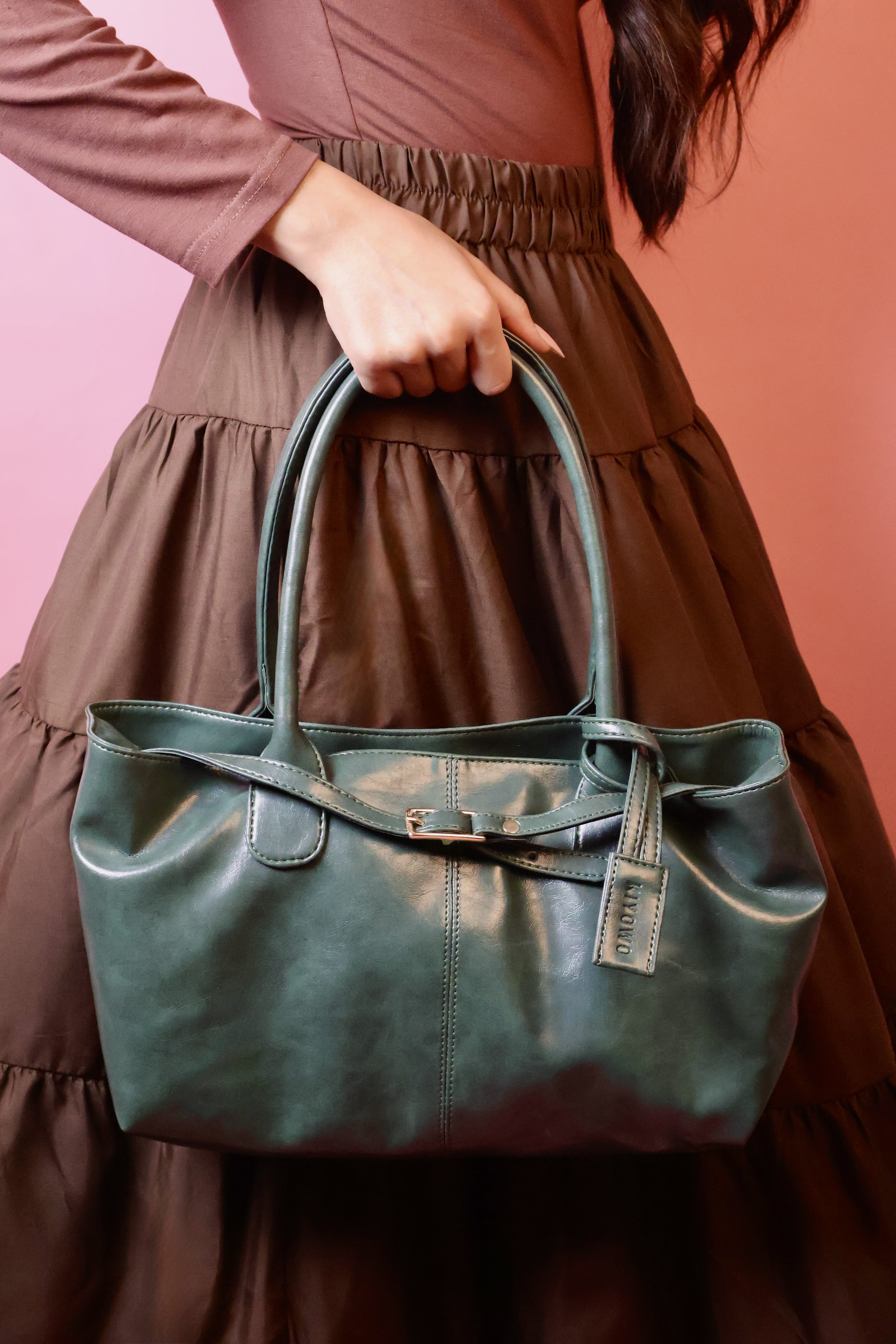 Emerald Green Buckle Detail Shoulder Tote Bag